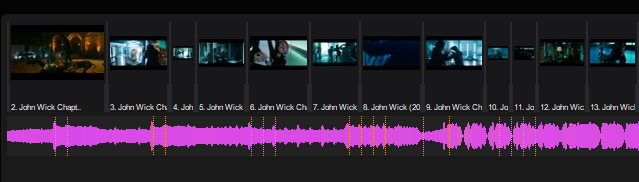 An audio waveform display populated with precise beat and onset markers for automatic video synchronization
